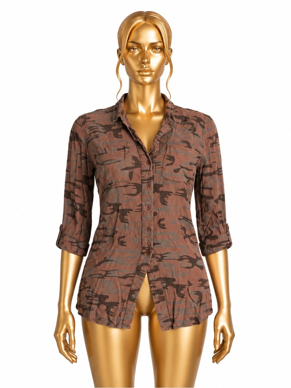 Waimea Medium Brown Camo Button Down Shirt 100% Rayon Roll Tab Sleeves